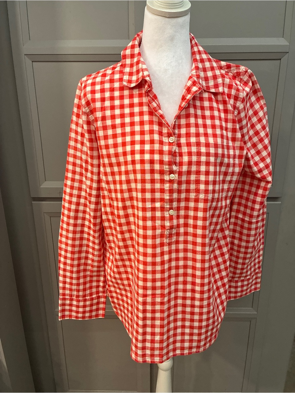 J. Crew Red and White Gingham Button-Down Blouse